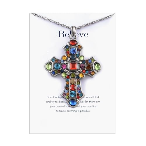 Alilang Silver Tone Stained Glass Rhinestone Patonce Cross Pendant Necklace with Religious Message Card & Envelope Christian Jewelry - style: Believe