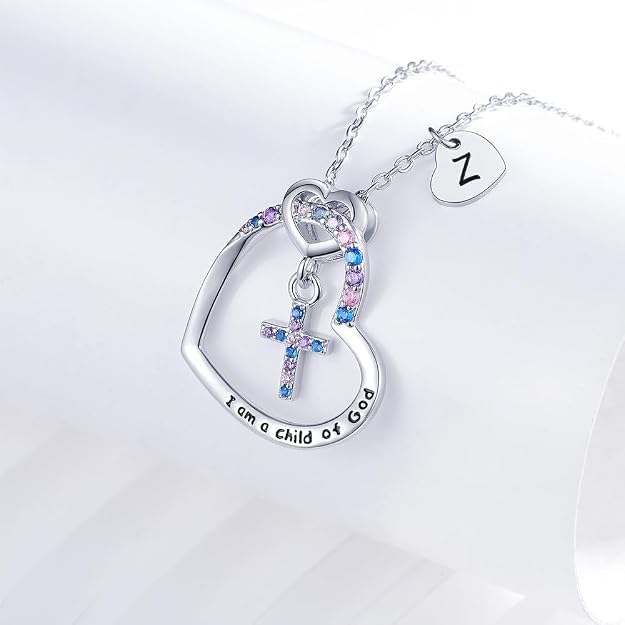 Cross Necklace for Girls | I am a child of God Necklace for Girls | Heart Letter initial | 18K White Gold Plated Pendant Jewelry First Communion Baptism Gifts Christmas Birthday Gifts for Girl Women - color: Z