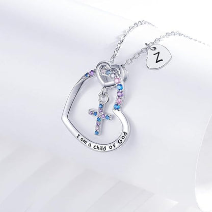 Cross Necklace for Girls | I am a child of God Necklace for Girls | Heart Letter initial | 18K White Gold Plated Pendant Jewelry First Communion Baptism Gifts Christmas Birthday Gifts for Girl Women - color: Z