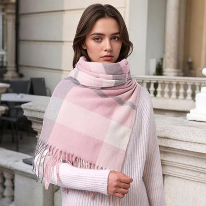 Clothirily Womens Winter Scarf, Oversized Long Blanket Plaid Shawl Wrap - color: Pink Grey Lattice