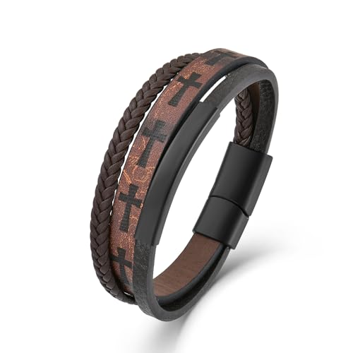 Mens Cuff Cross Bracelet Multi-Layer Braided Leather Cross Bracelet for Religious Bangle Wristband Faith Christian Jewelry for Men Teen - color: D.Brown, size: 8.3in(21~21.5cm, Fits most wrists)
