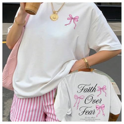 SweatyRocks Women's Bow Shirt Oversized Letter Graphic Tees Cute Tops Trendy Bible Verse Religious T Shirts - color: White, size: X-Large