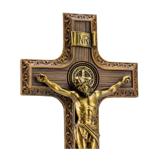 DevotedWalls Saint Benedict Crucifix for Wall–12" H Catholic Cross with Medal, Gold-Toned Finish St Benedict Crucifix with Jesus Christ Sculpture for Living Room, Bedroom, or Church Wall Decor - size: 12"L x 6.4"W