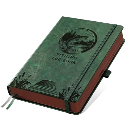 A5 Fishing Lake Landscape Leather Journal, 300 Pages Lined Notebook, Green Vintage Pattern Hardcover Notebook for Travel Diary, Business, Work and School Daily Writing - style: Fishing