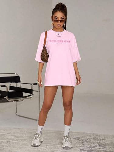 BANGELY Faith Over Fear Shirt Women Graphic Shirts Oversized Workout Gym Christian Religious Tees Drop Shoulder Tee Tops - color: B-pink, size: Large