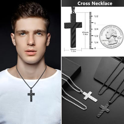 Romass 2Pcs Cross Necklace for Men Boys, Bible Verse Stainless Steel Silver Black American Flag Chains for Men Pendant Jewelry Box - style: Lord's Prayer