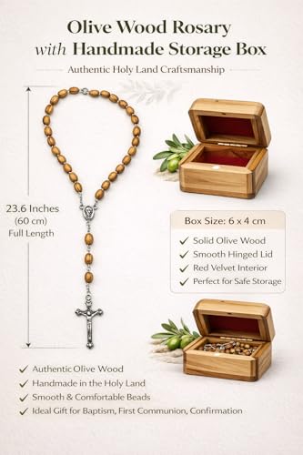 Zuluf Holy Land Olive Wood Necklace Rosary and Box Set – Bethlehem Handmade Catholic Prayer Beads with Crucifix, Plain Keepsake Rosary Box, Pouch Included, Gift Ready, Certificate Included