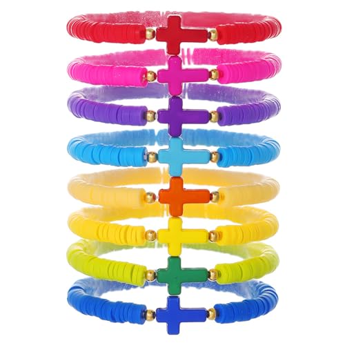 Caiyao 8Pcs Cross Bracelets Bohemian Rainbow Polymer Clay Cross Stretch Bracelets Colorful Stackable Cross Beads Elastic Bracelet for Women Summer Beach Friendship Jewelry Gifts - color: Set B