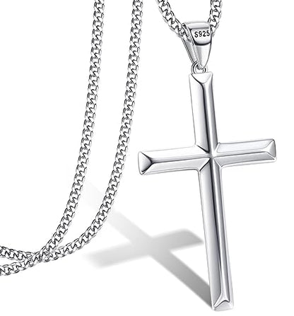 MILACOLATO Solid S925 Sterling Silver Cross Necklace for Men Women | 2mm Durable Sterling Silver Cuban Link Curb Chain Cross Pendant Necklace | Crucifix Cross Pendant Necklace Jewelry 16-24 Inches - style: 16 Inches + 2 Inches Extension Chain