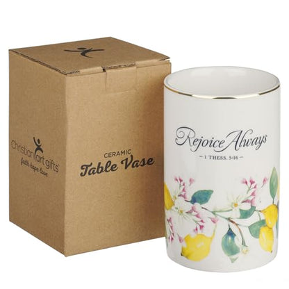 Christian Art Gifts Small White Ceramic Table Vase for Flowers & Plants: Rejoice Always Inspirational Scripture Home Décor, Kitchen, Bathroom, Living Room, Yellow Lemon, Green Leaves & Gold, 5" x 3.2"