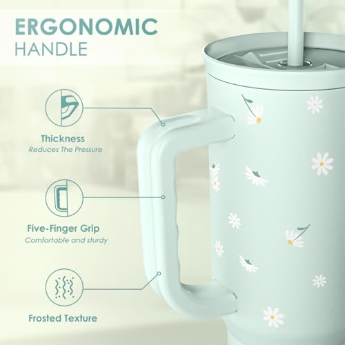 Daisy 40oz Tumbler with Handle and Straw – Flower Insulated Stainless Steel Travel Coffee Mug for Women Girls - Gift Idea for Birthday Christmas Mothers Day - color: Daisy