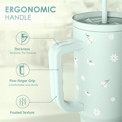 Daisy 40oz Tumbler with Handle and Straw – Flower Insulated Stainless Steel Travel Coffee Mug for Women Girls - Gift Idea for Birthday Christmas Mothers Day - color: Daisy