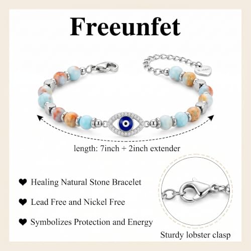 Bracelet for Women Natural Stone Beaded, Stainless Steel Charms, Adjustable - color: 1-Evil eye