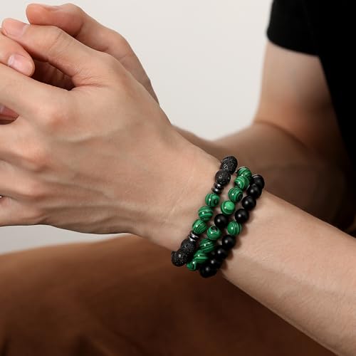 Mens Beaded Bracelets, 8MM Beaded Bracelets for Men, Natural Tiger Eye Bead Bracelet, Stretch Elastic Beads Bracelets for Men - color: 3 malachite black volcanic