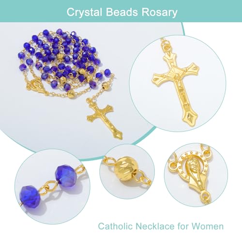 KOMI Crystal Rosary Beads with Jesus Crucifix, Catholic Necklace for Women First Communion Rosarios Wedding Rosary with Velvet Bag - style: 6MM-blue-2
