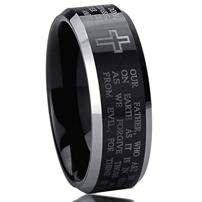 8mm Stainless Steel Wedding Band Ring for Men & Women Lord's Prayer Engraved Cross Praying Ring for Men & Woman