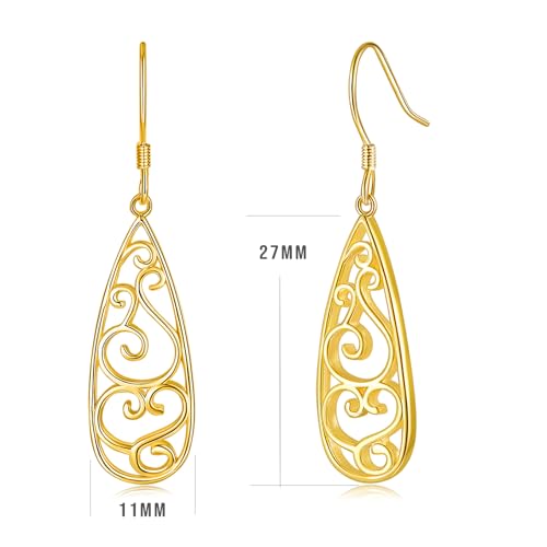 BoRuo Filigree Teardrop Sterling Silver Earrings for Women - color: Yellow Gold