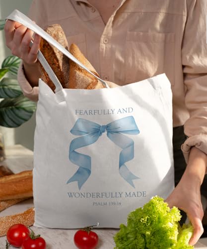 Coquette Bow Bible Canvas Tote Bag for Women Teens Teen Girls, Pink Bow Girls Tote Bag, Coquette Gifts - color: Blue Bow Bible