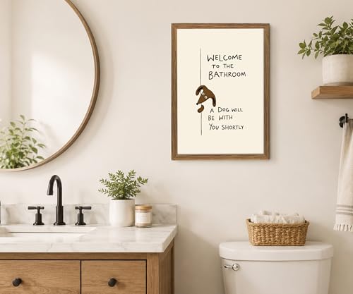 Funny Dog Bathroom Wall Art, Framed Canvas Print 12x16 In - color: Cream, Brown, Black, Natural Wood, size: 12"L x 16"W