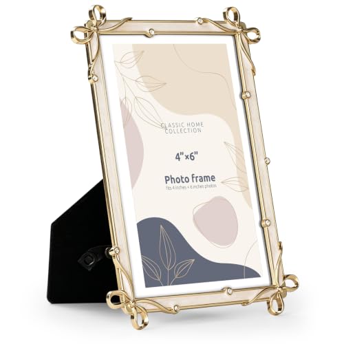 Metal Photo Picture Frame, 4x6 Inch, Bow Design with Rhinestones, Decorative Picture Frame, Classic Home Collection, Wedding Gifts (Gold) - color: Gold