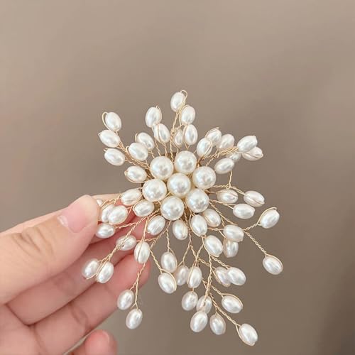 Large White Oval Pearl Floral Beads Brooches Pin for Women Statement Dainty