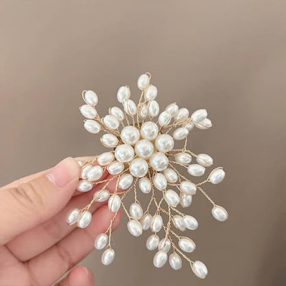 Large White Oval Pearl Floral Beads Brooches Pin for Women Statement Dainty