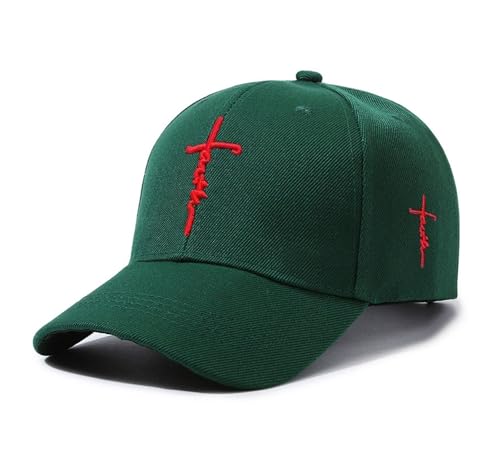 Embroidered Cross Baseball Cap, Christian Adjustable Snapback Hat for Men & Women, Structured Dad Hat with Jesus Faith Design - color: Green Hat Red Cross