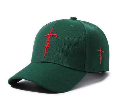 Embroidered Cross Baseball Cap, Christian Adjustable Snapback Hat for Men & Women, Structured Dad Hat with Jesus Faith Design - color: Green Hat Red Cross