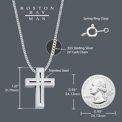 Men's Cross Pendant Necklace in 316L Stainless Steel Interlocking Woven Cross on 24” Curb Chain, Choice of Color - color: Classic Stainless Steel