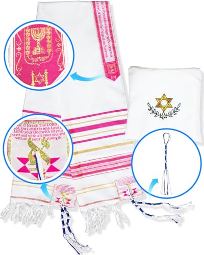 Tallit Prayer Shawl 72"x 22" with Bag & Pre-Attached Tzitzits For Men & Women, Tallit Torah-Inspired Design - color: Pink