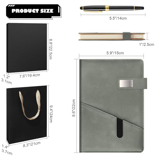 A5 Lined Leather Notebook and Pen Set with Gift Box, 240 Pages Refillable Journal with Pocket and Magnetic Buckle, Hardcover Daily Diary for Men and Women Business Travel Personal Writing- Gray - color: Gray