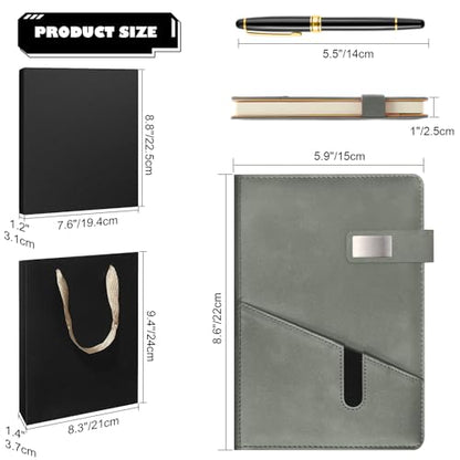 A5 Lined Leather Notebook and Pen Set with Gift Box, 240 Pages Refillable Journal with Pocket and Magnetic Buckle, Hardcover Daily Diary for Men and Women Business Travel Personal Writing- Gray - color: Gray