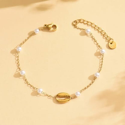 18K Gold Plated Pearl Bracelets for Women Dainty Waterproof - style: Crab Pearl-Gold