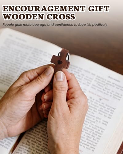 10pcs Pocket Wooden Cross Fidget: Small Wood Crosses Keychain in Bulk with Organza Bags Prayer Card - Stress Relief Cross My Heart for Christian Religious Easter Day Gifts
