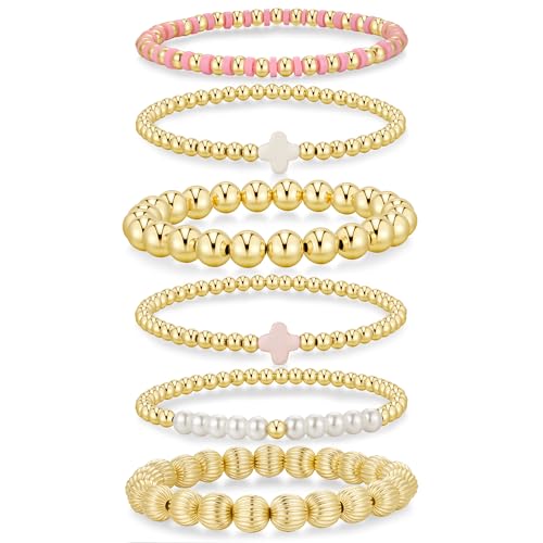 Yoosteel Gold Beaded Bracelets for Women Teen Girls, Gold Plated Jewelry - color: Bead (2/3/4/6mm)+ Pearl (5mm) - 6pcs