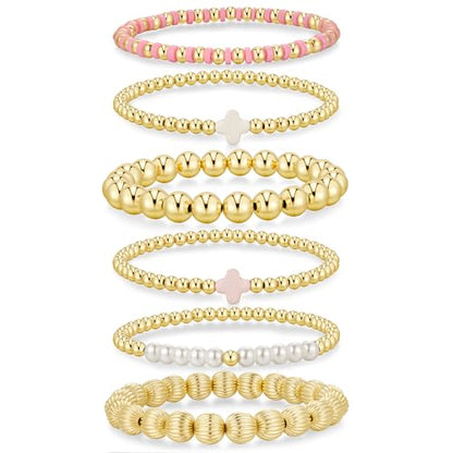 Yoosteel Gold Beaded Bracelets for Women Teen Girls, Gold Plated Jewelry - color: Bead (2/3/4/6mm)+ Pearl (5mm) - 6pcs