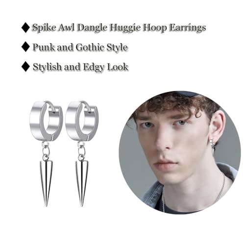 Unisex Punk Hip Hop Stainless Steel Silver Black Gold Tone Lock Thunder Lightning Bolt Dangle Huggie Hoop Earrings Gift for Women Men Boy Teens - color: Silver-Spike Awl