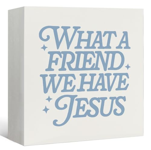 Blue Christian Jesus Wooden Box Sign, What a Friend We Have In Jesus Wood Block Signs Decorations, Religious Wood Box Signs for Home Room Bedroom Office Desk Shelf Tabletop Decor, 5x5 Inch - color: What a Friend We Have In Jesus-5x5