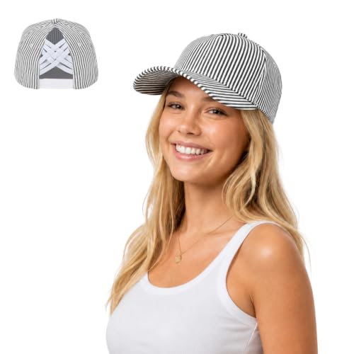 C.C Women's Criss-Cross Ponytail Trucker Hat - Snapback, One Size - color: Cotton Stripe-black