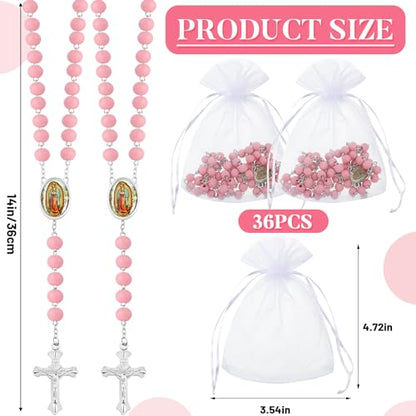 Taiyin 36 Pcs Wooden Bead Rosary Necklace with Crucifix and Our Lady of Guadalupe Scented First Communion Rosary with 36 Organza Bags Baptism Favors Catholic Gift for Men Women - color: Pink