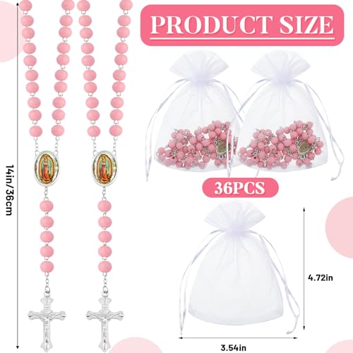 Taiyin 36 Pcs Wooden Bead Rosary Necklace with Crucifix and Our Lady of Guadalupe Scented First Communion Rosary with 36 Organza Bags Baptism Favors Catholic Gift for Men Women - color: Pink