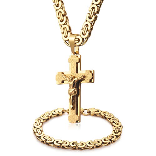 Mens Stainless Steel Silver Gold Jesus Cross Pendant Necklace Chain Bracelet Set Jewelry 45/50/55/60/65/70/75cm - style: Style 01-Color Yellow