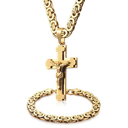 Mens Stainless Steel Silver Gold Jesus Cross Pendant Necklace Chain Bracelet Set Jewelry 45/50/55/60/65/70/75cm - style: Style 01-Color Yellow