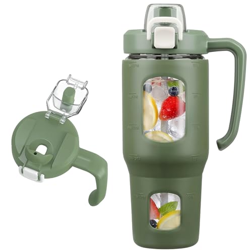 32oz Glass Tumbler with Straw Handle, Reusable Iced Coffee Cup, Olive - color: Olive