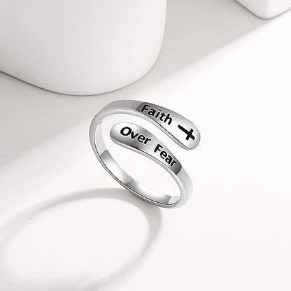 STROLLGIRL 925 Sterling Silver Faith over Fear Ring Faith Religious Jewelry Quote Ring Friend Daughter Gifts