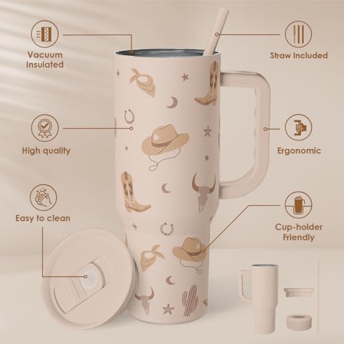 SANDJEST Cowgirl Tumbler 40oz for Women Girls – Stainless Steel Travel Coffee Mug Cup with Handle and Straw, Gift for Birthday Christmas - color: Cowgirl