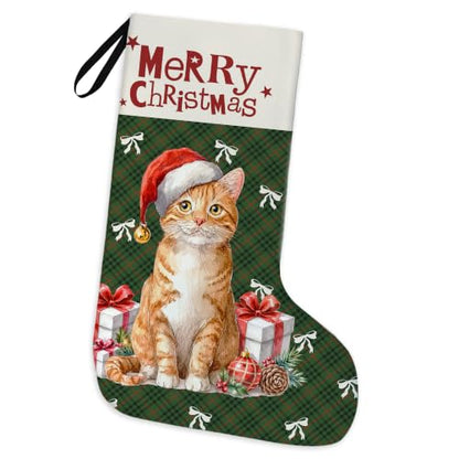 Orange Tabby Cat Green Plaid Christmas Stockings 16 Inch - color: Christmas13
