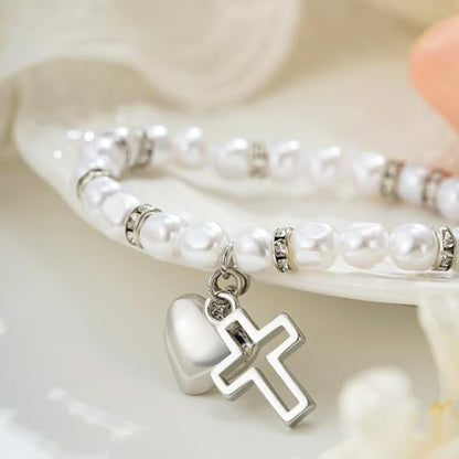 Eaciy First Communion Gifts for Girls - 14K Whited Gold Plated Cross Heart Bracelet First Baptism Communion Communion Bracelet Gifts for Teen Girls - color: Confirmation