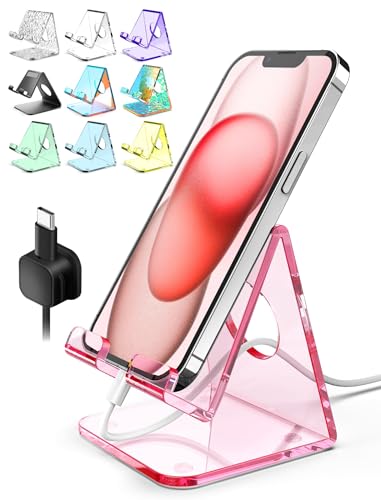 TOPGO Acrylic Cell Phone Stand, Clear Phone Holder for Office Desk, Vanity, Kitchen Counter, Bedside Table, Compatible with iPhone 17 16 15 14 13 12 Pro Max Plus/Smartphones/iPad/Switch/Kindle(Pink)