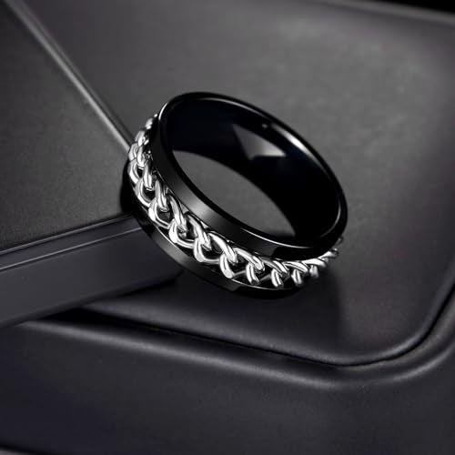 Mens Fidget Rings Anxiety Ring for Men 6mm 8mm Chain Spinner Ring Size 5-14 - color: Black Silver